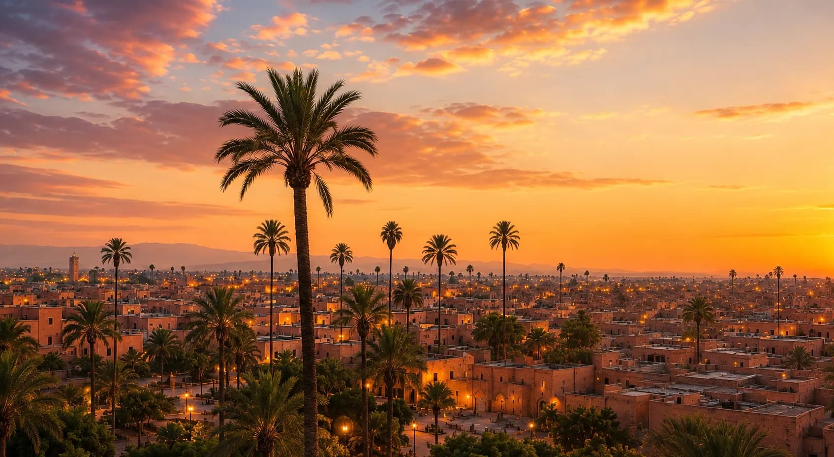 Panorama de Marrakech et de ses palmiers au coucher du soleil